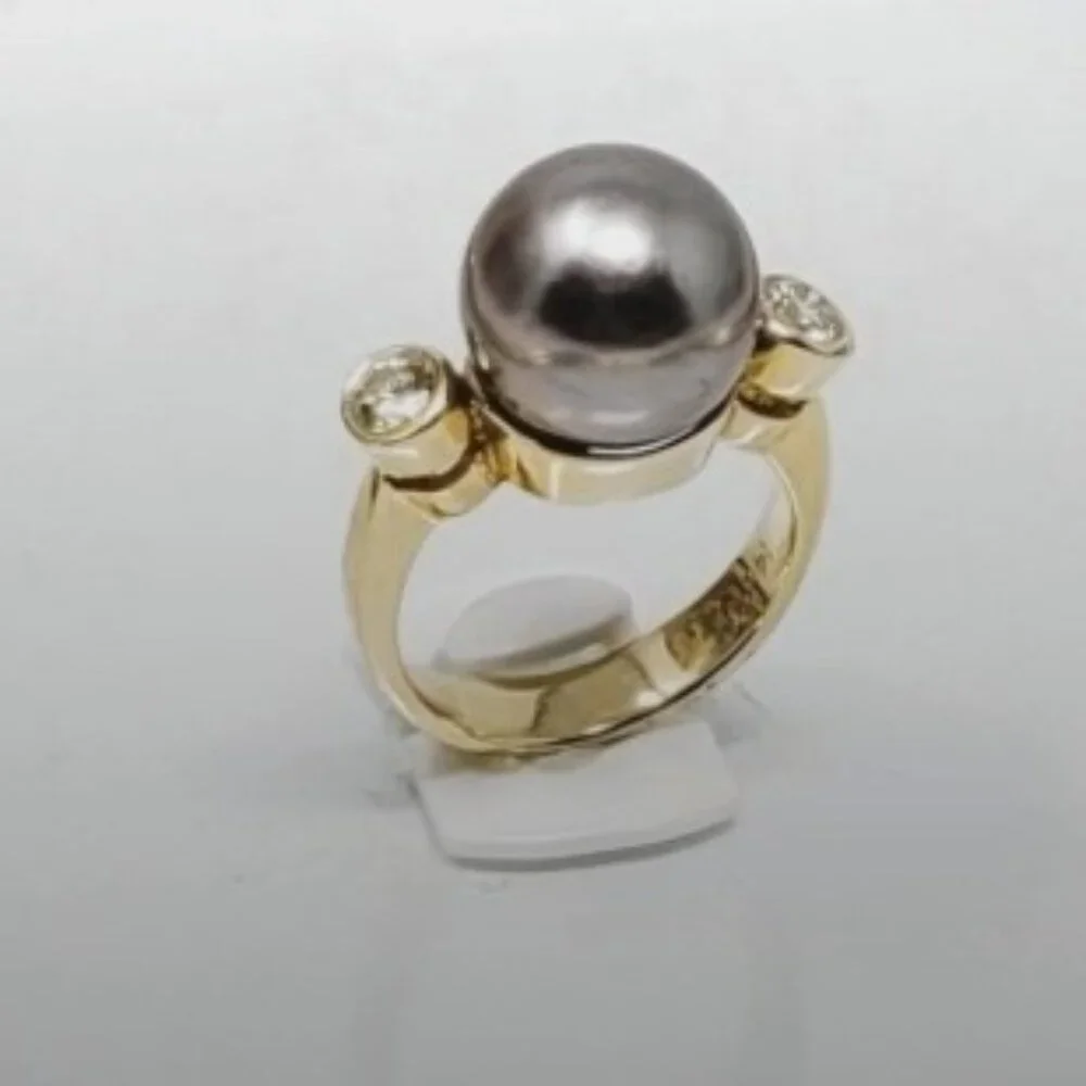 Vintage 14K Gold 12.2mm Black Cultured Pearl & 0.45ct Diamond Ring - Size 7.5
